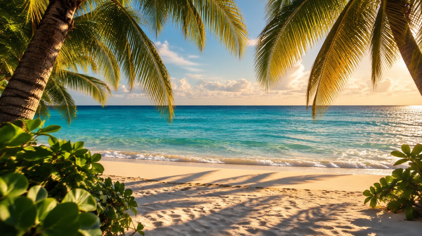 Illustrative AI-generated Caribbean beach with coconut palms